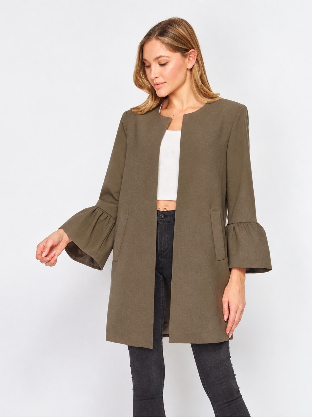 Revamped Olive Ruffle-Sleeve Open-Front Trench Coat